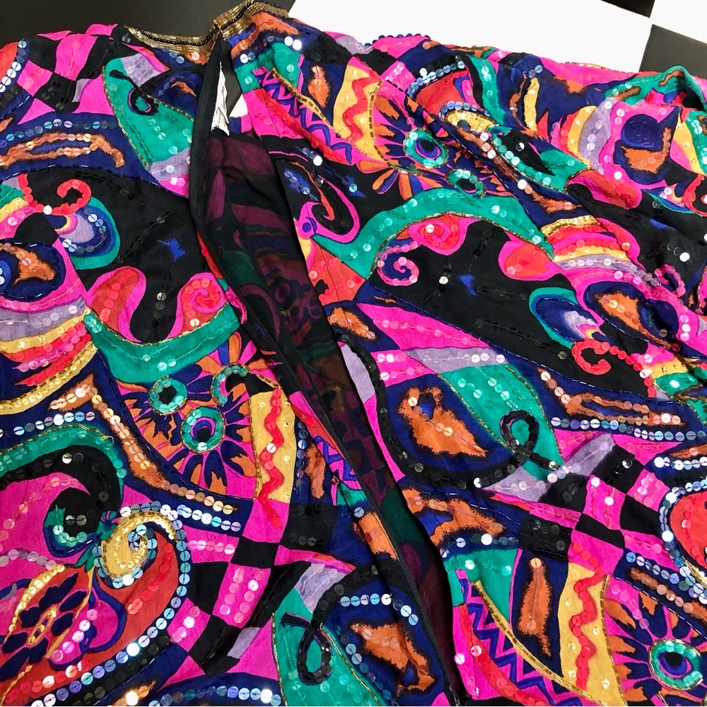 Vintage 60s Judith Ann Creations Beaded Silk Colorful Kaftan Mini Dress Magenta - Picture 12 of 15